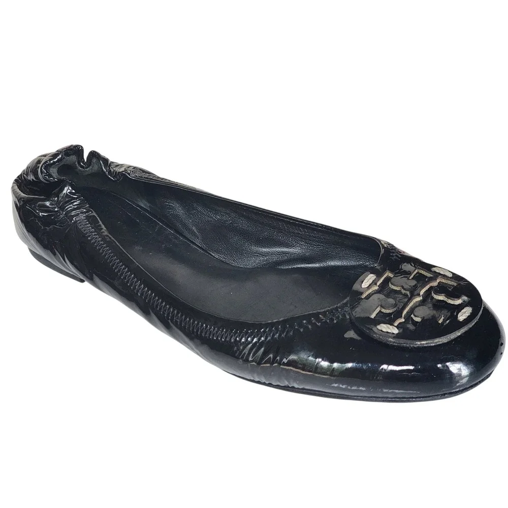 Tory Burch Minnie Travel Ballet Flats Black Patent Leather Logo Medallion 8